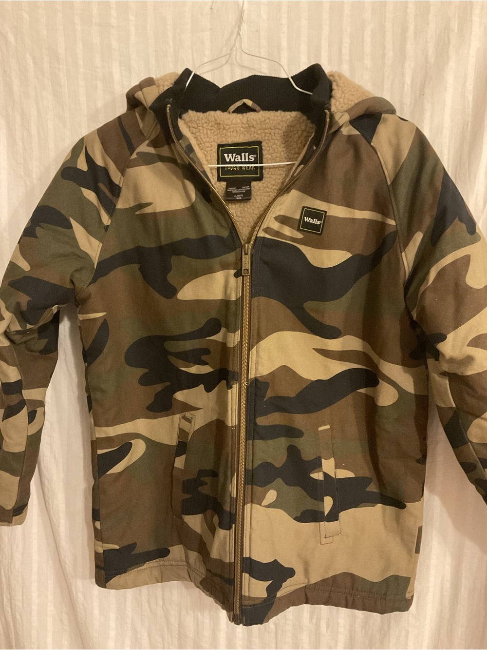 Walls Tough Wear Kids XL Camo Sherpa-Lined Hooded Jacket - Green/Brown